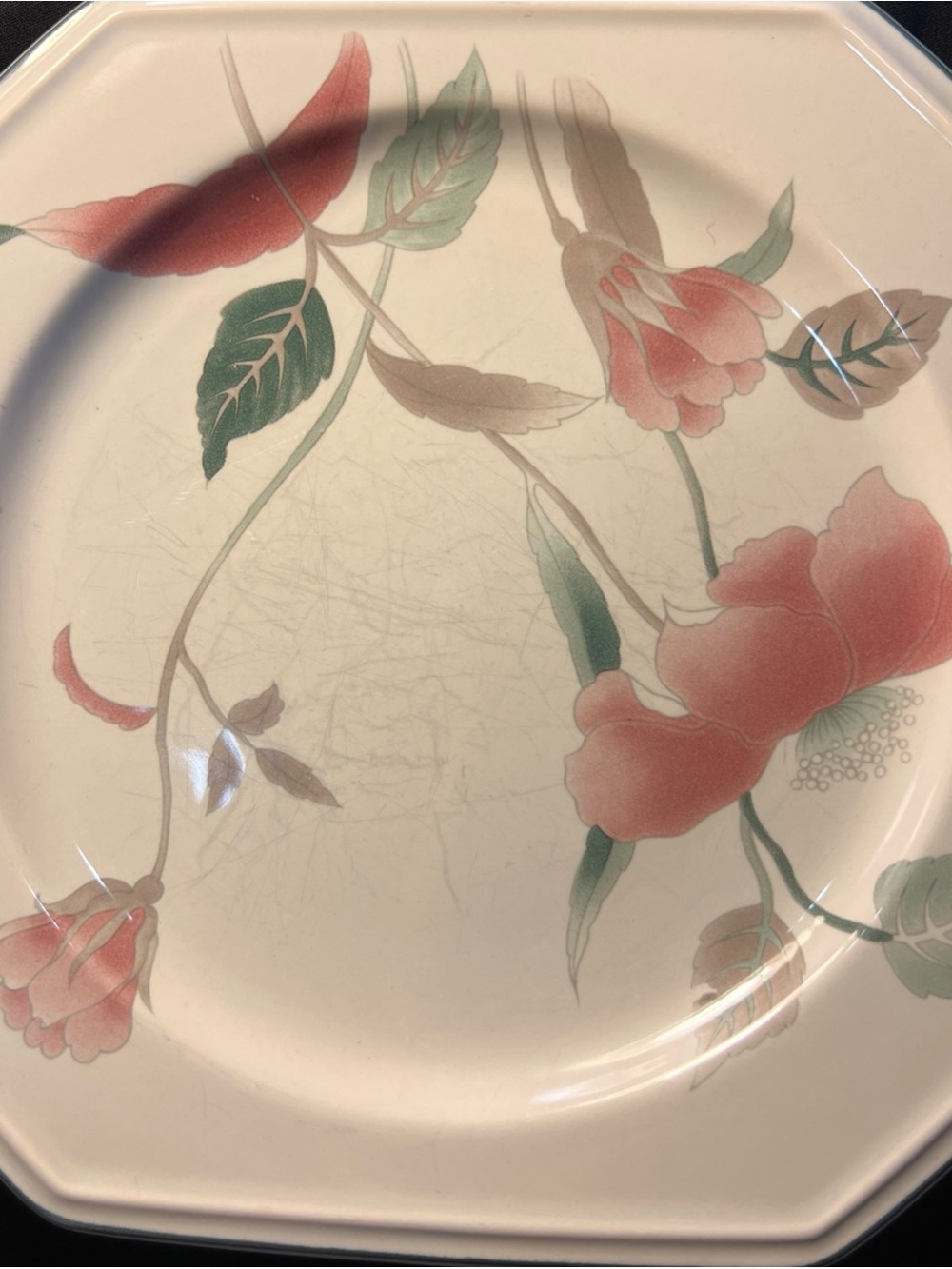 Mikasa Continental “Silk Flowers”Octagonal Salad Plate Pink with Green Leaves